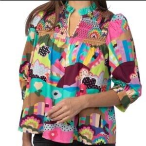 CROSBY BY MOLLIE BURCH smocked Bradley shirt walking on sunshine maximalist M ?